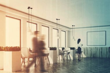 Beyaz Cafe iç, köşe, poster, ahşap, insanlar