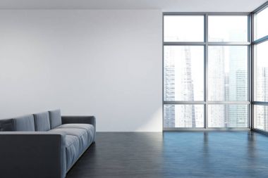 Boş beyaz oturma odası, gri kanepe