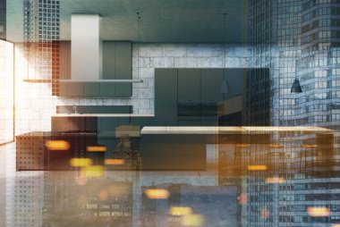 Beton mutfak iç, siyah dolapları Çift Kişilik