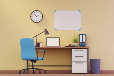 Sarı duvar çalışma alanı ile bilgisayar ve poster