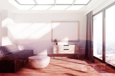 Minimalist oturma odası, koltuk ve poster tonda