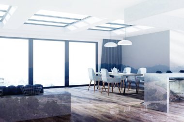 Gri, ahşap mutfak, yemek odası, köşe tonda