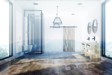 Beyaz banyo, küvet, lavabo ve duş tonda