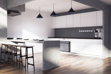 Beyaz ve gri mutfak bir çizgiyle stand yan