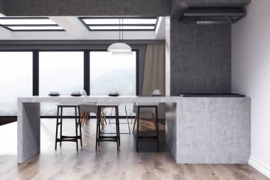 Beyaz ve gri mutfak bir çizgiyle standı