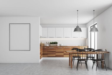 Beyaz yemek odası, poster, ahşap mutfak tezgahı