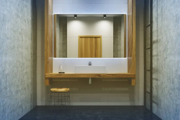 Beton banyo, çift lavabo, ayna tonda — Stok fotoğraf