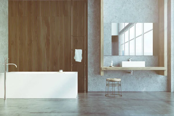 Gray and wooden bathroom, tub toned — Stock Photo, Image