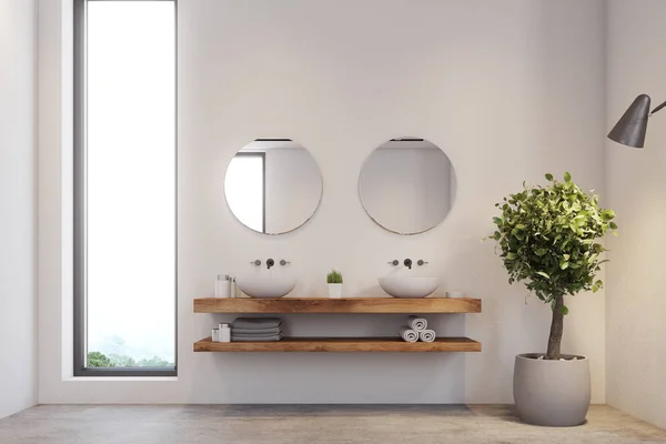 Smalle venster badkamer, dubbele wastafel — Stockfoto