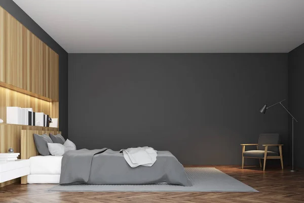 Camera da letto grigia e in legno interno, laterale — Foto Stock