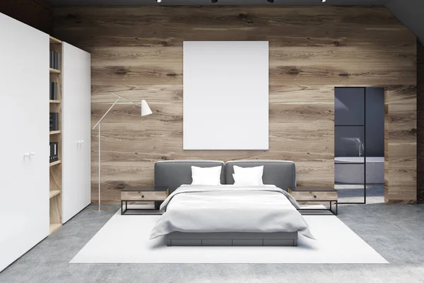 Dormitorio de madera interior, cartel, armario —  Fotos de Stock
