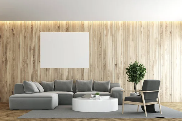 Дерев'яна вітальня, сірий диван, плакат — стокове фото
