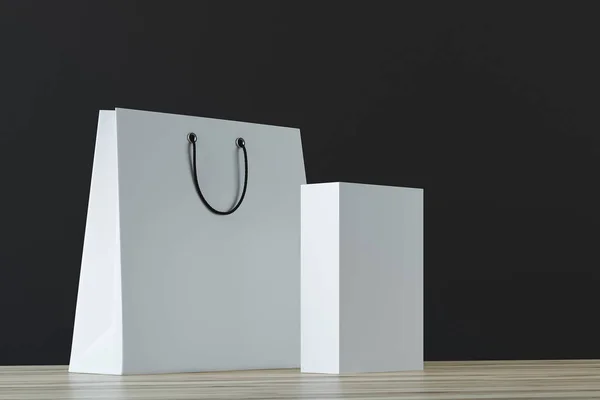Beyaz kağıt torba ve kutusu, siyah arka plan — Stok fotoğraf