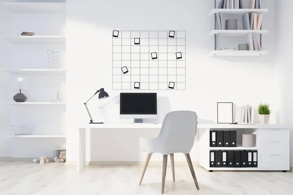 Білий домашнього офісу інтер'єру, комп'ютер фронт — стокове фото