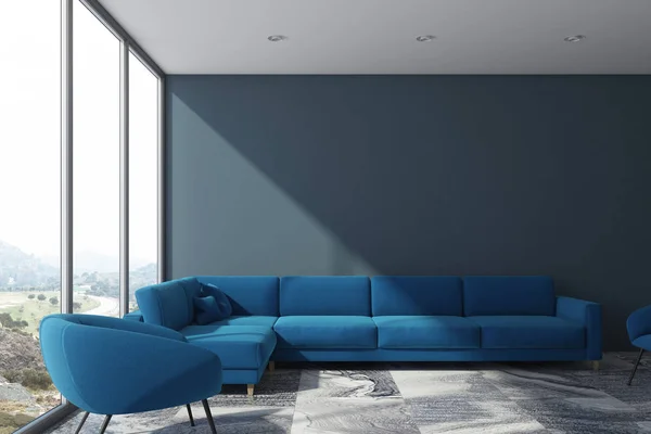 Gray living room, blue sofa