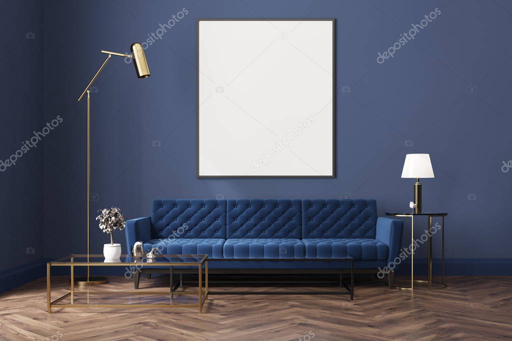 Blue living room, blue sofa, poster
