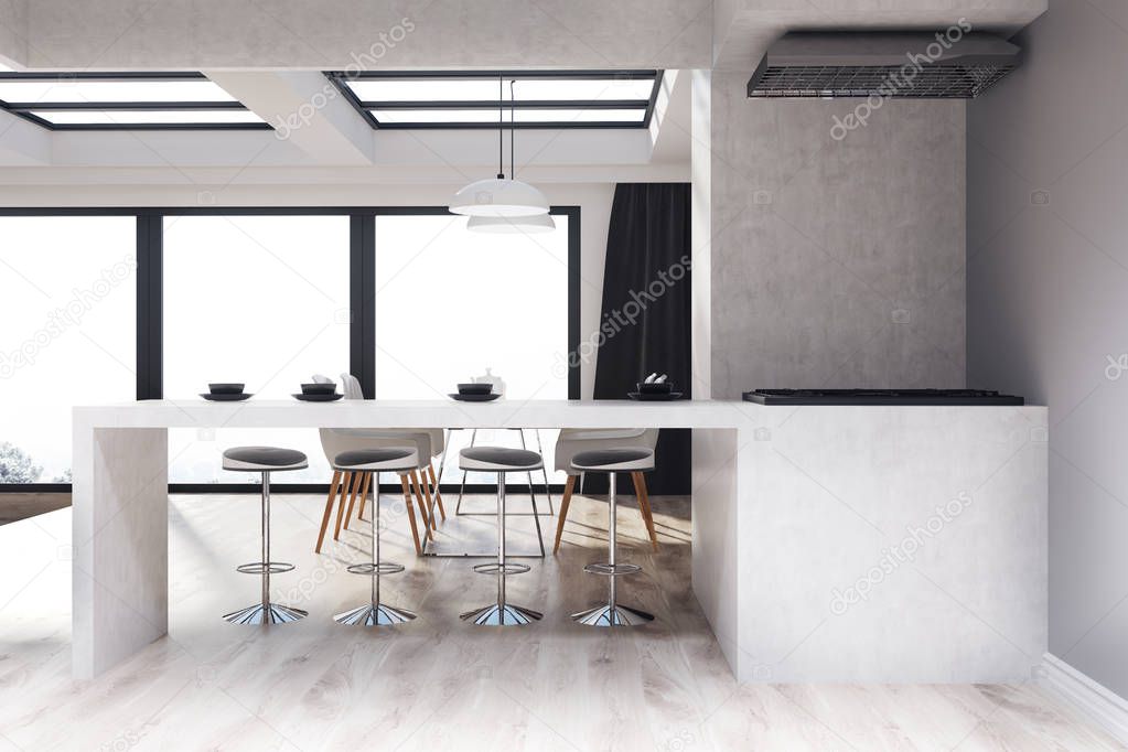 Gray and wooden kitchen and dining room