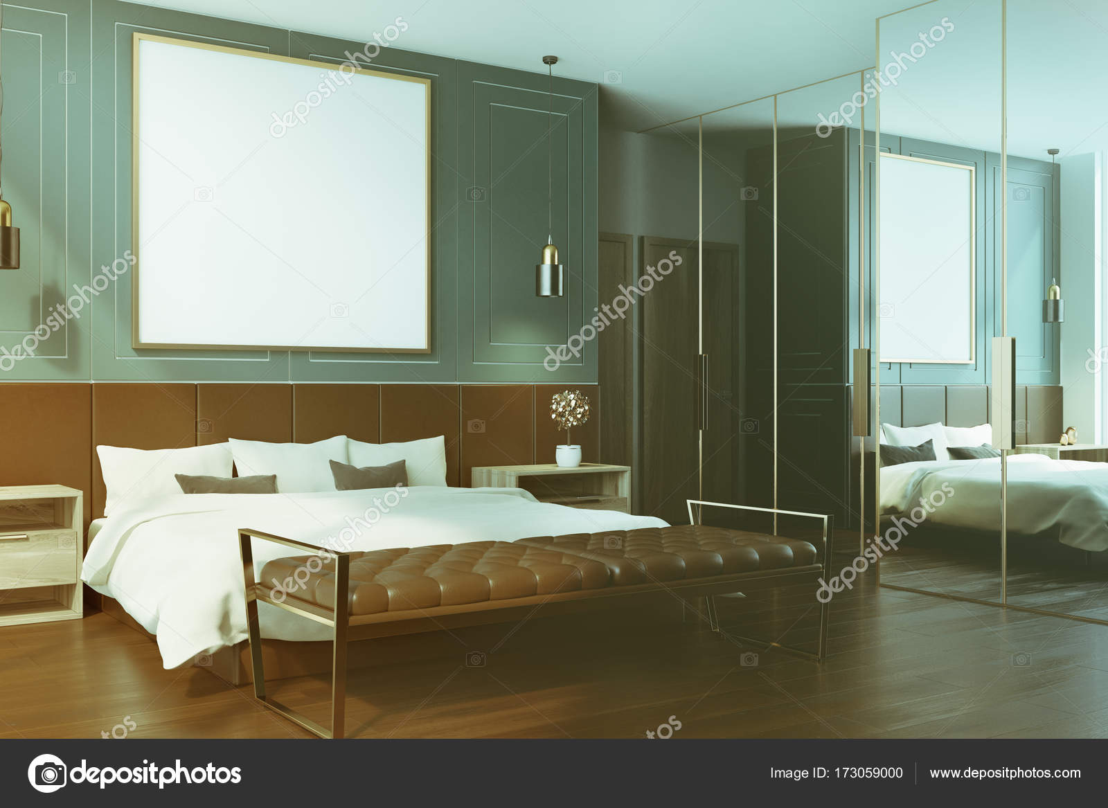 Blue Bedroom Interior Poster Side Toned Stock Photo