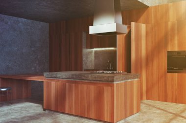 Kırmızı ahşap mutfak counter, tonda köşe