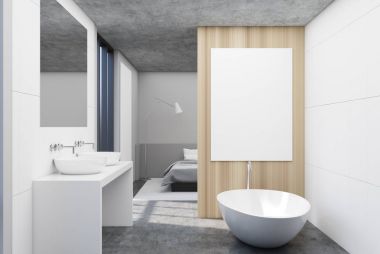 Beyaz, ahşap banyo ve yatak odası, poster