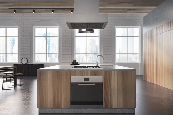 Concrete and wooden dining room, stove — Stock Photo, Image