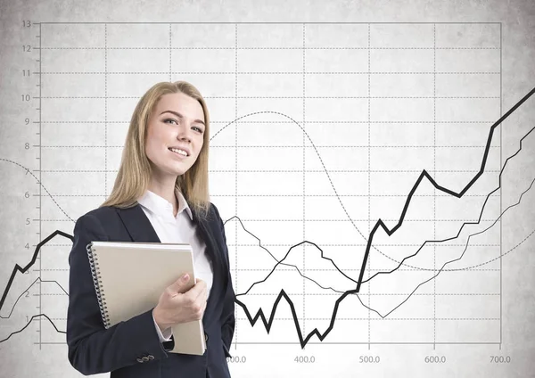 Defter, grafikler ile gülümseyen iş kadını