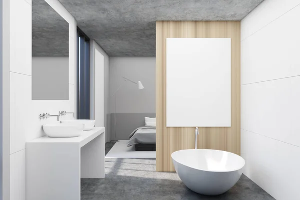 Branco, banheiro de madeira e um quarto, cartaz — Fotografia de Stock