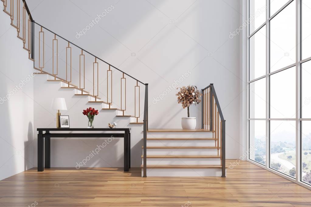 White living room, stairs, table