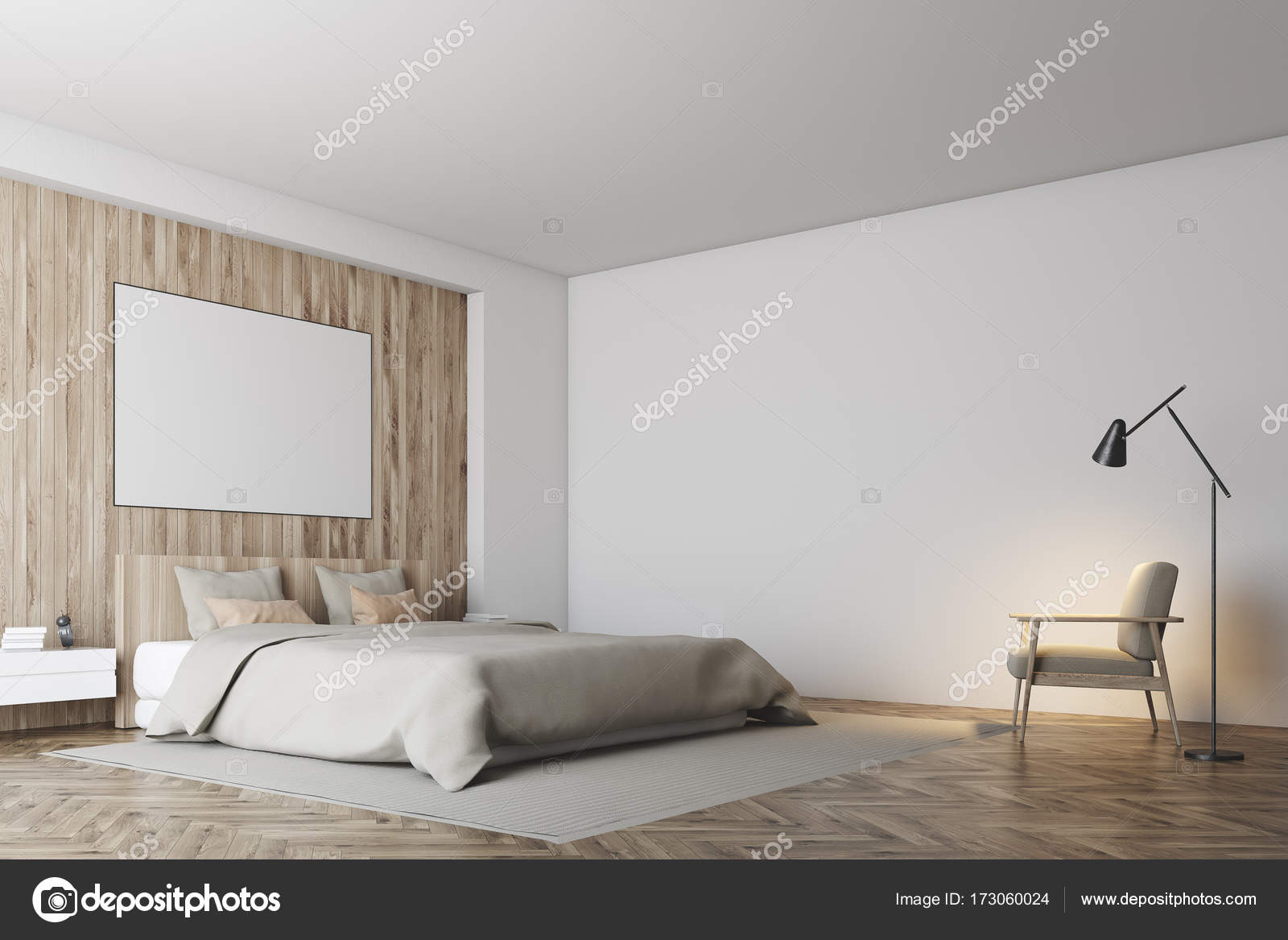 Witte en houten slaapkamer, poster, hoek — Stockfoto ... Witte en houten slaapkamer, poster, hoek — Stockfoto ...