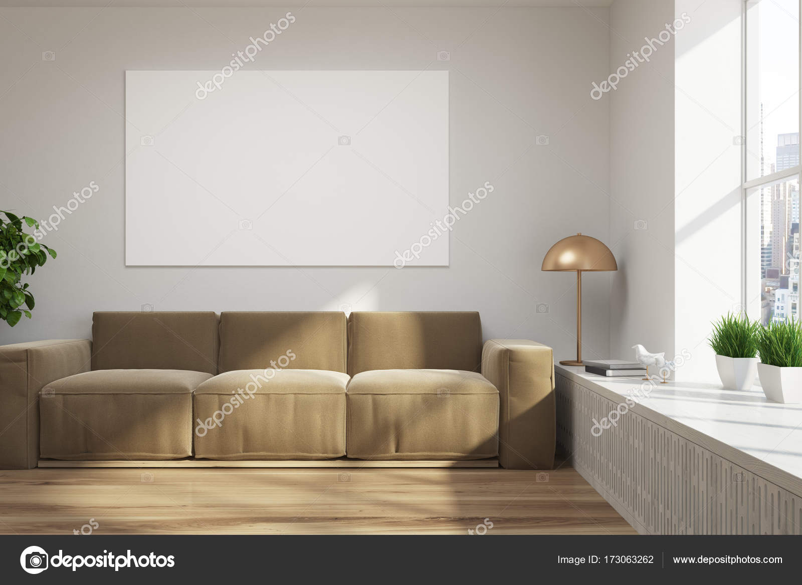Witte loft woonkamer, bruin sofa, poster — Stockfoto ... Witte loft woonkamer, bruin sofa, poster — Stockfoto ...