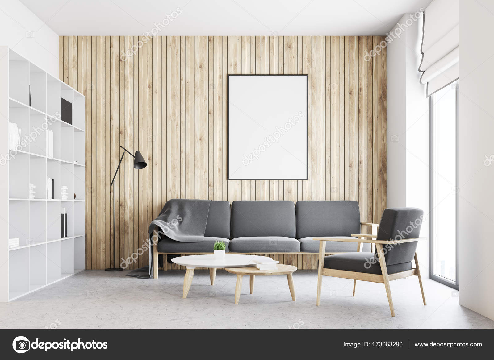 Soggiorno bianco e legno interni, poster — foto stock ... Un pavimento di cemento o legno