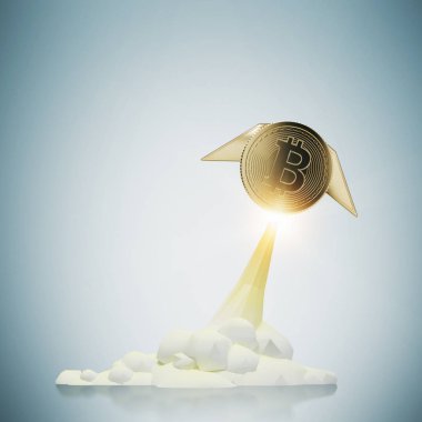 Bitcoin, gri arka plan uçan
