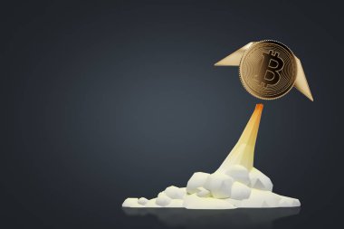 Bitcoin, siyah arka plan uçan