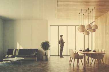 Beyaz salon iç, kanepe ve tonda tablosu