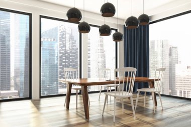 Mavi perde yemek odası, yan görünüm