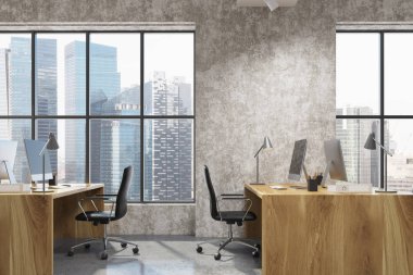 Beton açık alan ofis iç, ahşap yan