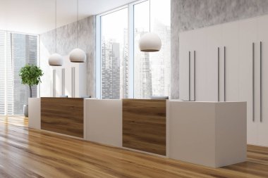 Resepsiyon yan beton ve ahşap ofis, yakın çekim