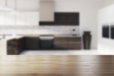 Mozaik mutfak, koyu ahşap mutfak tezgahı bulanıklık