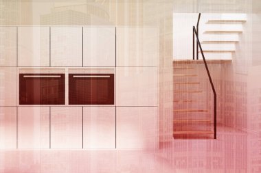 Tonda bir merdiven ile beyaz mutfak