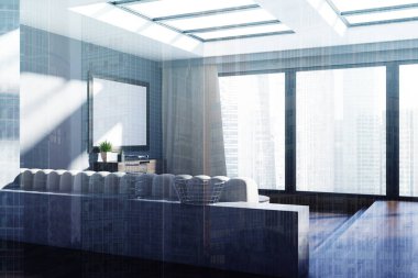 Gri salon köşe, poster ve tonlu kanepe