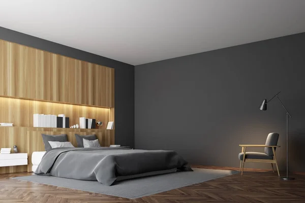 Gray and wooden bedroom, corner — Stock Photo, Image