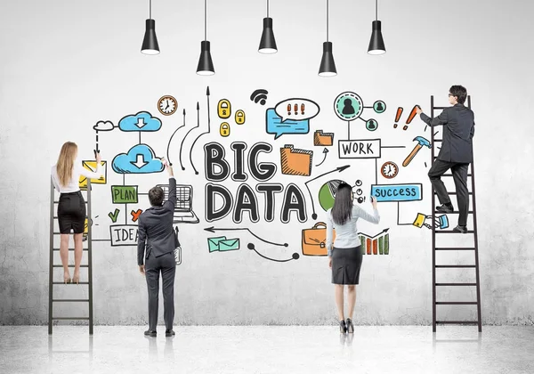 Business team on ladders, big data — Stock Photo, Image