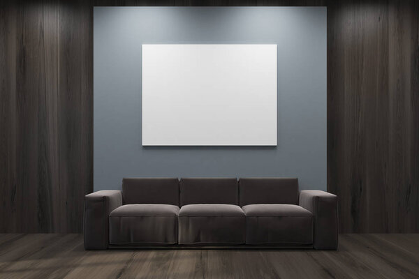 Gray and wooden living room, sofa, poster
