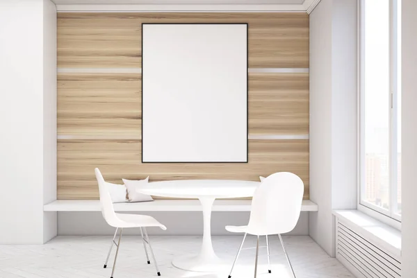 Weiß und hölzern Esszimmer, Tisch und Poster — Stockfoto