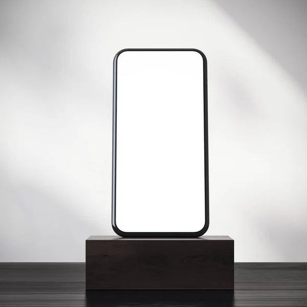 Smartphone on a dark wooden pedestal — Stock Photo, Image