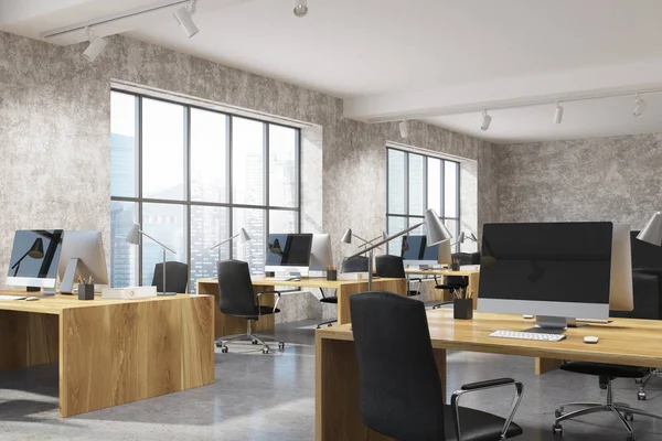 Concrete open space office interior, wood — Stock Photo, Image