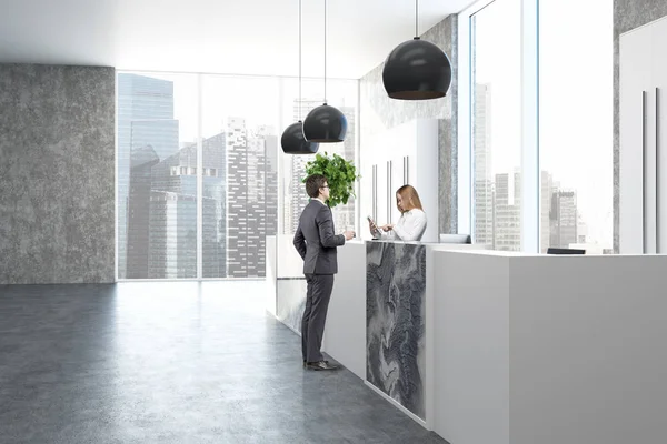 Concrete and marble office, reception side, people — Stock Photo, Image