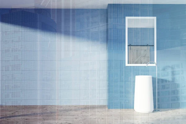 Blaues Badezimmer, Waschbecken und Spiegel getönt — Stockfoto