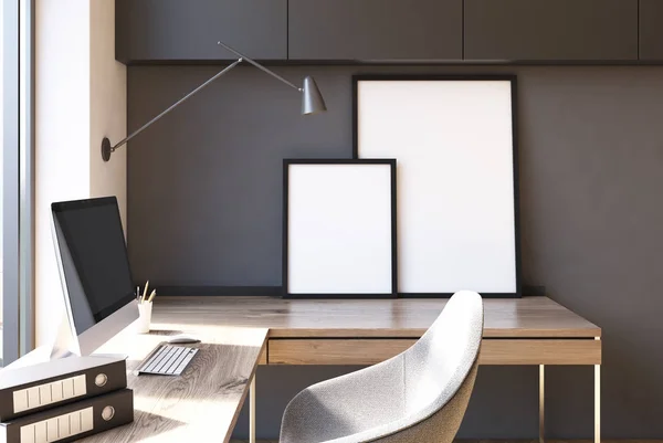 Grau Home Office Interieur, Dachboden — Stockfoto