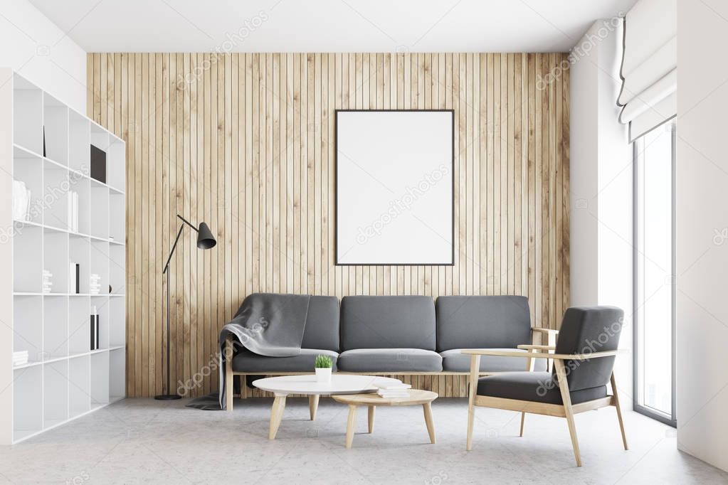 White and wooden living room interior, poster